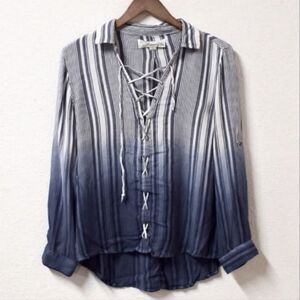 Vintage Havana Shirt White Blue 3/4 Sleeve Button Up Tie‎ Front Notched Collar S